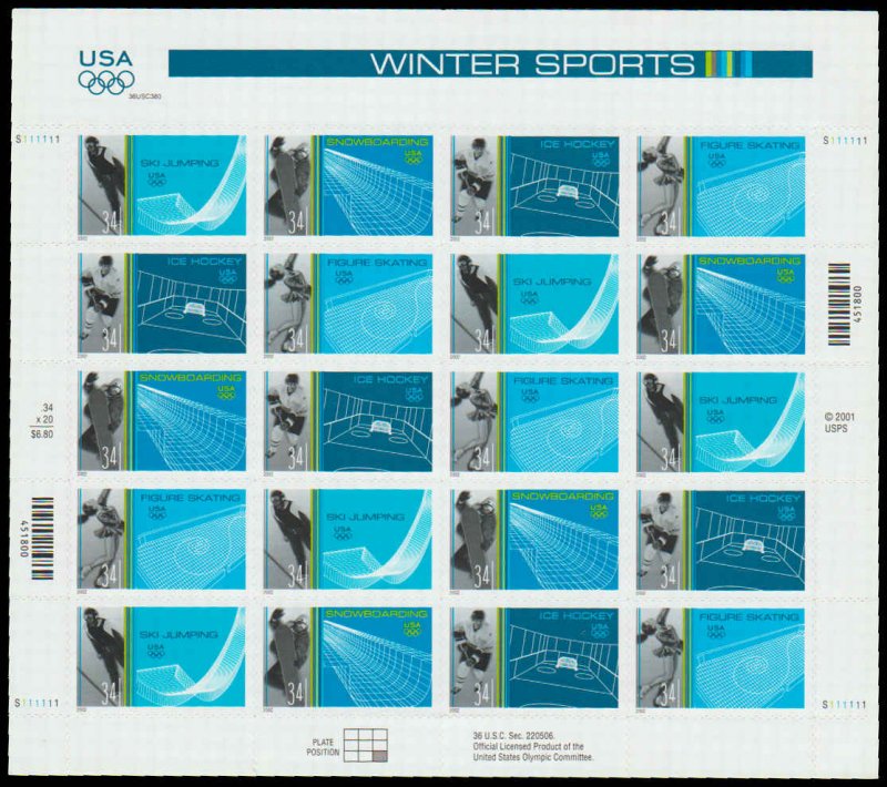 PCBstamps   US #3552/3555 Pane $6.80(5x4x34c)Winter Olympics, MNH, (4)