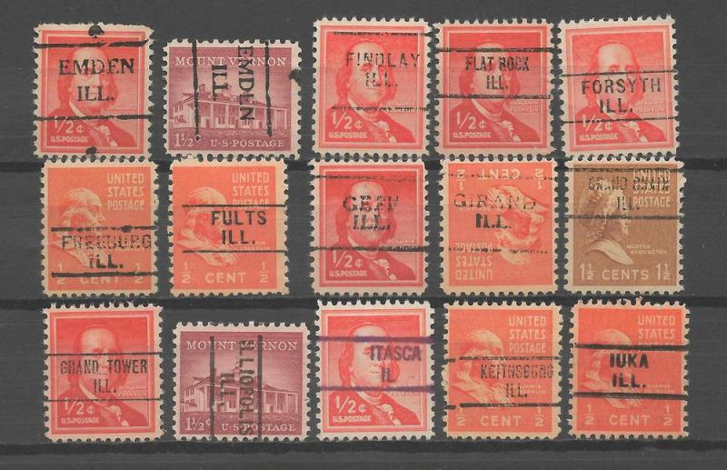 30 U.S. Precancels, from EMDEN ILL. to NEW HOLLAND ILL.