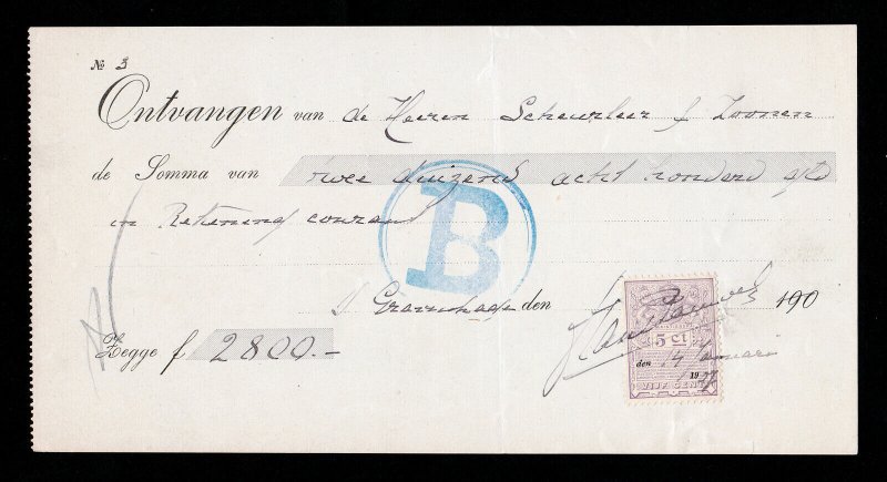 NETHERLANDS BANK CHECK WITH 5¢ REVENUE STAMP 1907 