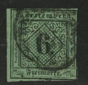 Germany State Wurttemberg Scott 4 1851 black on green paper