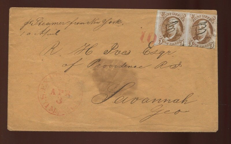 1 Franklin Imperf Used Pair on US Express Mail Cover Per Steamer to Savannah GA