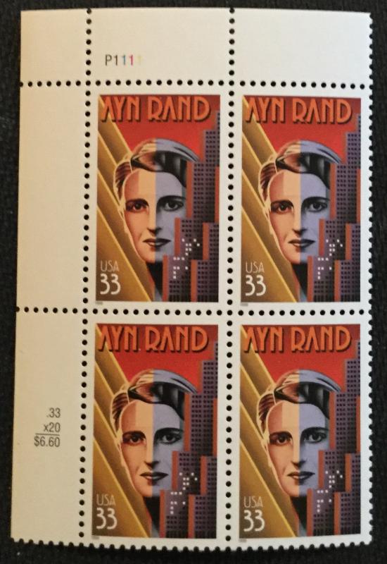 US #3308 MNH PB of 4 Ayn Rand SCV $2.60