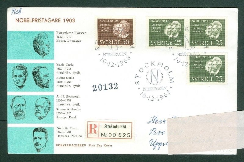 Sweden. FDC Cachet Reg. 1963. Nobel Prize 1903. Engraver: Wallhorn. Adr: Vasby 