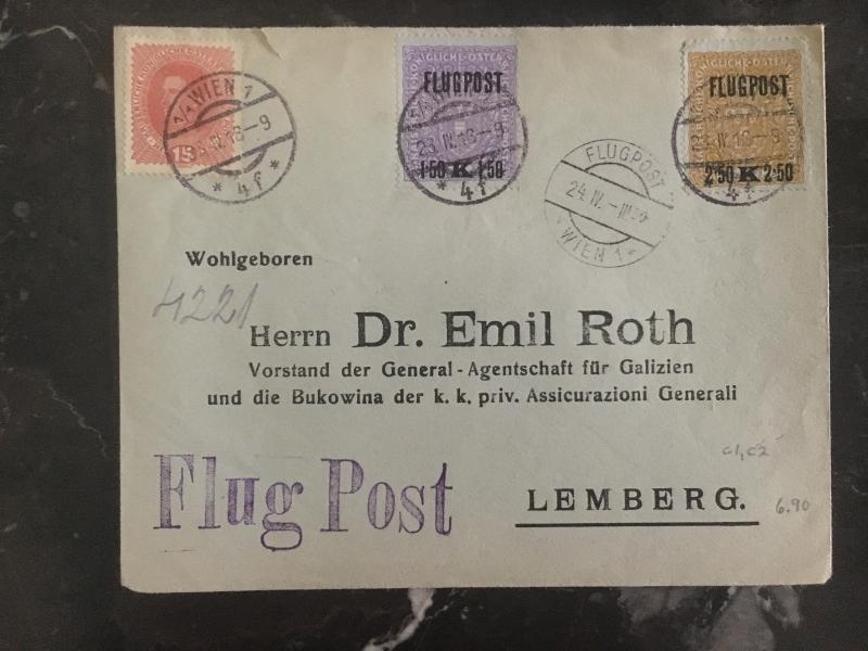 1918 Vienna Austria to Lemberg Poland Airmail Cover # C1-C3 Judaica Dr Emil Roth