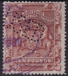 Rhodesia 1892 Sc 19 used revenue cancel & perfin
