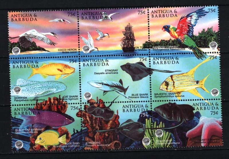 ANTIGUA & BARBUDA 1998 FISH & MARINE LIFE SHEET OF 9 STAMPS MNH