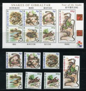 Gibraltar 864-870 Snakes, Year of the Snake Stamp Singles and Sheet MNH 2001