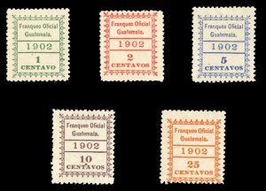 Guatemala #O1-5 Cat$51++, 1902 Officials, complete set, 1c and 5c hinged, oth...