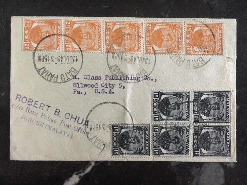 1949 Batu Pahat Johore Malaya Cover To Ellwood Pa Usa