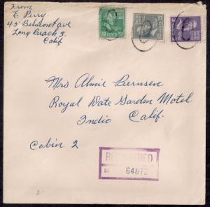 3c, 15c & 20c Prexies on odd square cover, ADDRESSED TO CABIN in Indio CA #820