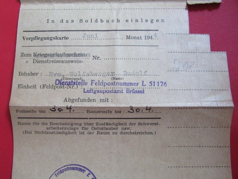 Rare 1944 German Signed Soldier's ration sheet Rudolph Wolfsberger in Brussels 