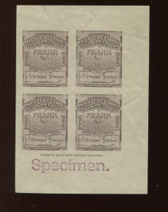 16T16a Western Union Telegraph Imperf Specimen Mint Booklet Pane of 4 Stamps