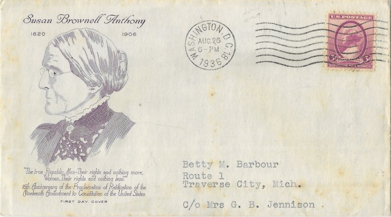 1936 FDC, #784, 3c Susan B. Anthony, 4 diff. cachets