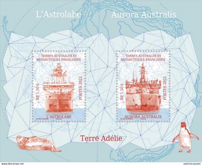 Block TAAF. 2 stamps - The Astrolabe and the Aurora Australis.