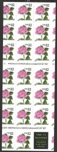 US 1995 THIRTY-TWO CENT PINK ROSE BOOK OF 20 MISCUT ERROR NEVER HINGED