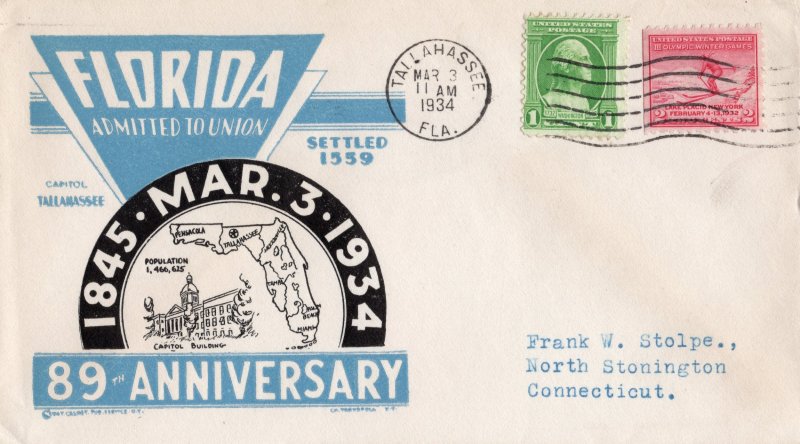 United States 1934 Cachet Cover Florida 89th Anniversary