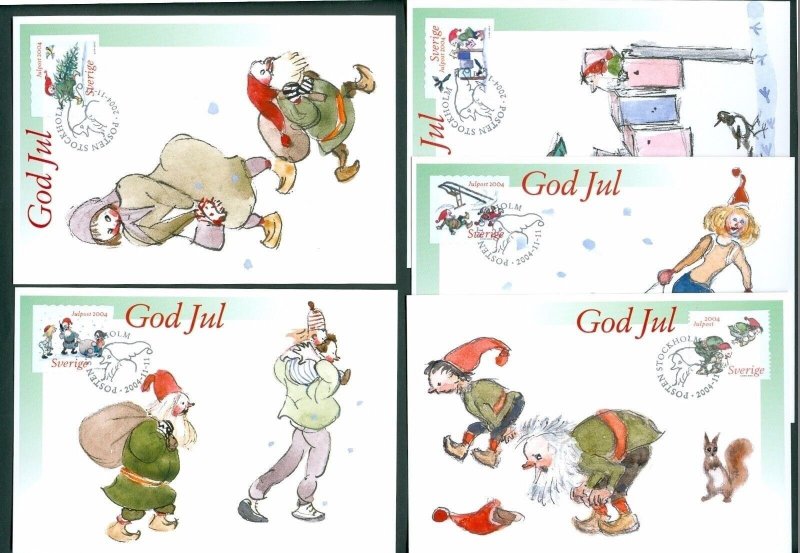 Sweden. Maximum Card 2004. Complete Set. 5 Card. Christmas. Gnome Chores