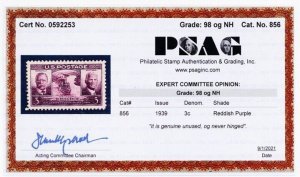 856, Mint Superb NH 3¢ With PSAG Graded 98 Certificate * Stuart Katz