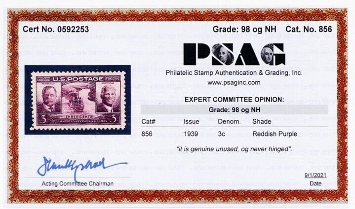 856, Mint Superb NH 3¢ With PSAG Graded 98 Certificate * Stuart Katz