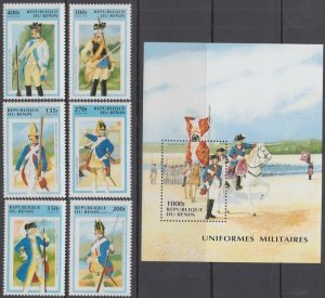 BENIN Sc# 952-8 CPL MNH SET of 6 DIFF MILITARY UNIFORMS & ONE SOUVENIR SHEET