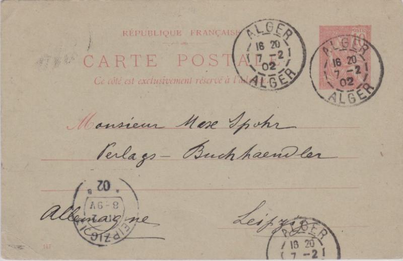 Algeria France 10c Rights of Man Postal Card 1902 Alger, Alger to Leipzig, Ge...