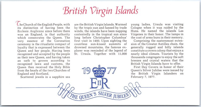 WESTMINSTER COLLECTORS SOCIETY QE II SILVER JUBILEE 1977 BRITISH VIRGIN ISLANDS