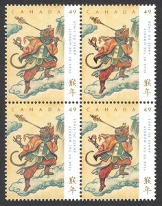 Canada Sc# 2015 MNH block/4 2004 49c Year of the Monkey