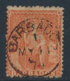 Barbados SG 57 SC# 37  Used  perf 12 x 14.6 Dull Vermillion   see scans and d...