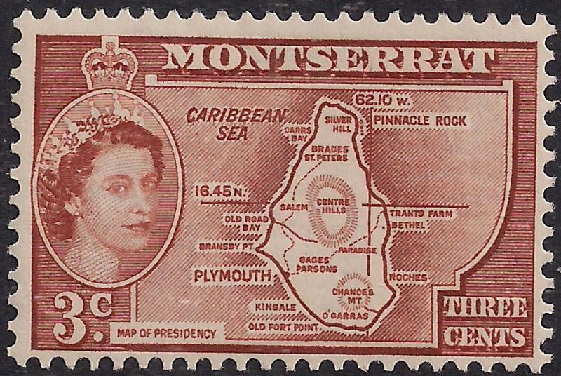 Montserrat 1953 QE2 3ct Orange Brown Colony Map Umm SG 139 (H1412)