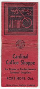 Canada Revenue 1/5¢ Excise Tax Matchbook CARDINAL COFFEE SHOPPE Port Hope