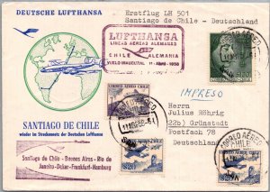 CHILE 1958 CACHET LUFTHANSA COMM FIRST FLIGHT COVER CANC SANTIAGO ADDR GERMANY