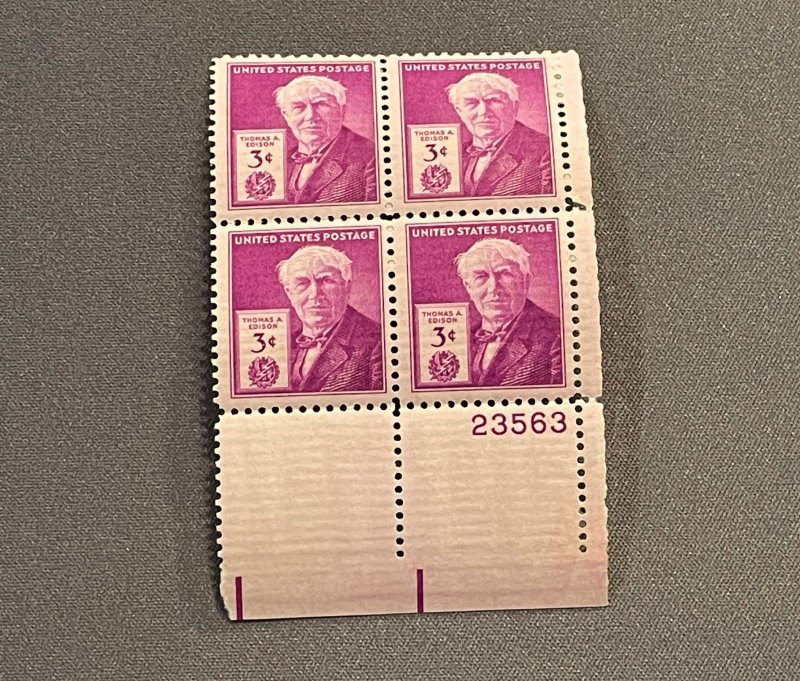 945, 1947 3c Thomas A. Edison, PB, LR Mint, OGNH, CV $2.50