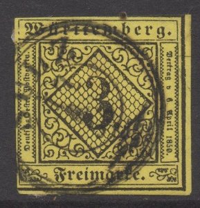 GERMANY WURTTEMBERG;  1851 classic Imperf issue fine used 3k. fair POSTMARK