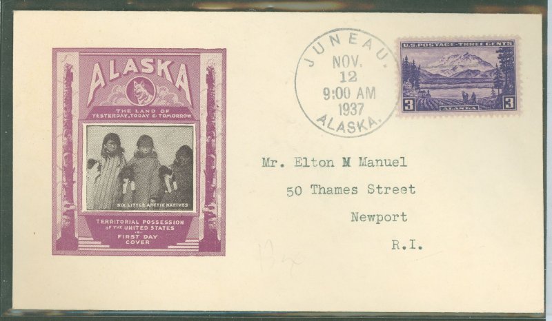 US 800 1937 3c Alaska (Part of the U S Possession Series) single / on an addressed (typed) FDC with an Ioor Cachet