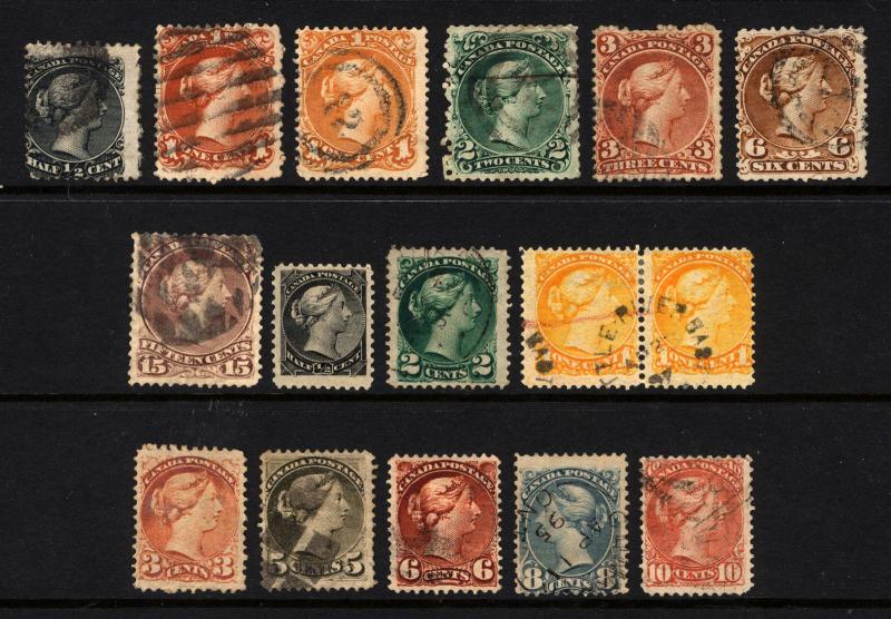 Early Canada #21-#45 1868-97 Queen Heads Nice Mostly Used Lot 15 items 