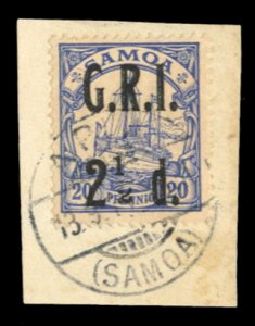 Samoa #104 Cat$14, 1914 2 1/2p on 20pf ultramarine, used on piece