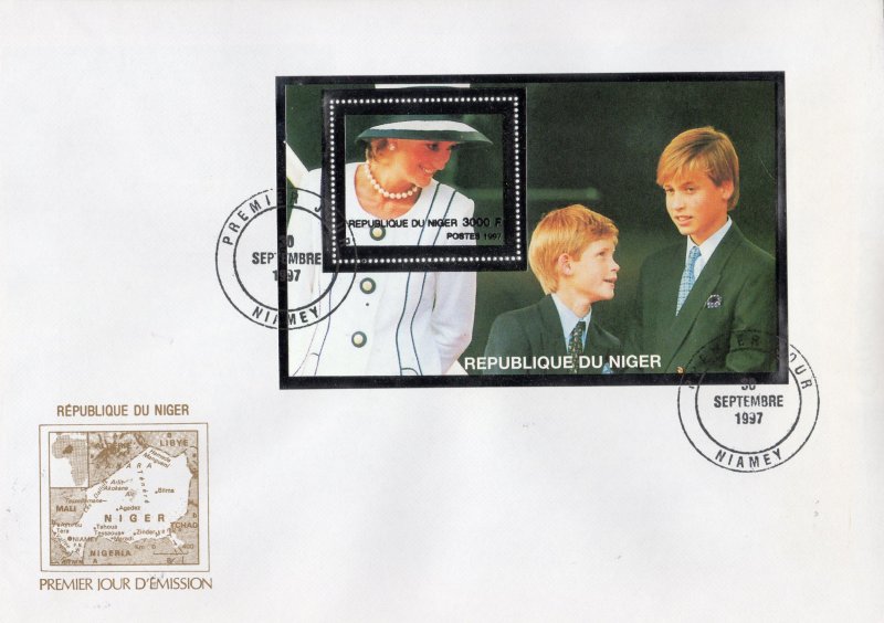 Niger 1997 Diana & Princes William & Harry 2 SS Gold+Silver YT #85/85A FDC