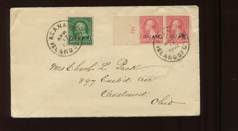 Guam Scott 1 & 2 Plate # Pair Overprint Used Stamps on Nice 1902 Cover to Ohio