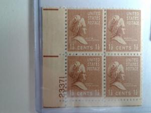 SCOTT # 805 MARTHA WASHINGTON PLATE BLOCK MINT NEVER HINGED GEM