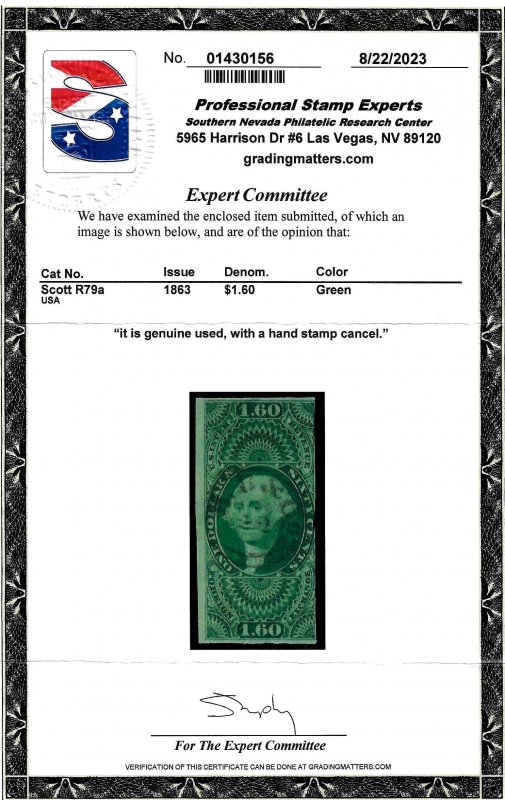 R79a Used...  PSE Certificate... SCV $1,400.00... Handstamp cancel... No faults