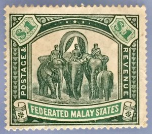 Malaya Federated Malay States FMS 1907 Elephants $1 MLH wmk MCCA SG#48 M3268