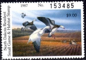 US Stamp 1987 MNH - North Dakota State Snow Geese Stamp $9 Single.