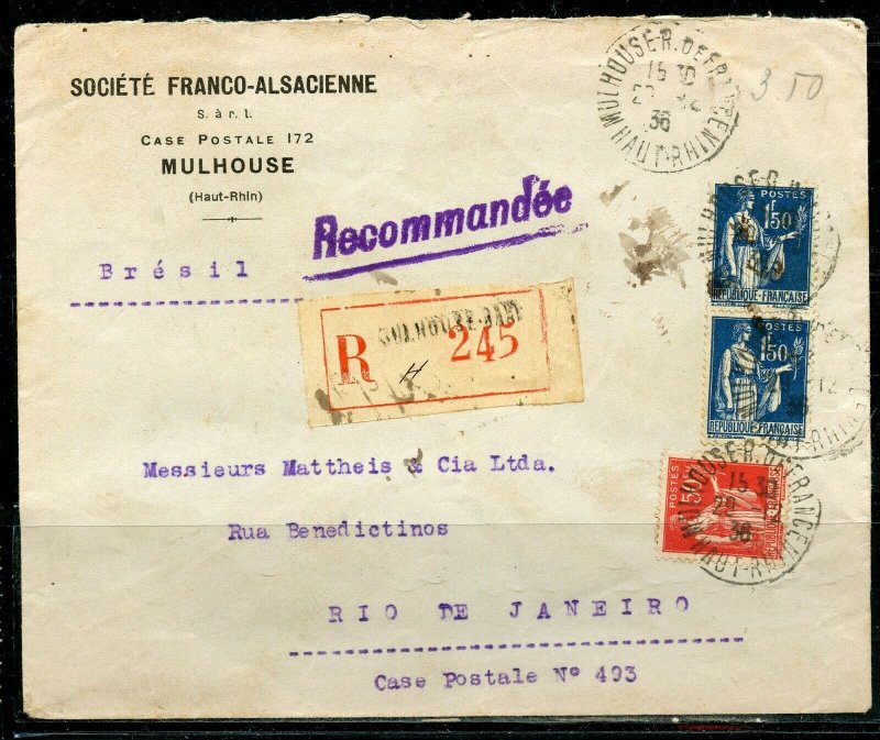 FRANCE MULHOUSE 12/29/1936 R-COVER TO RIO DE JANEIRO, BRAZIL 1/13/1937 AS SHOWN