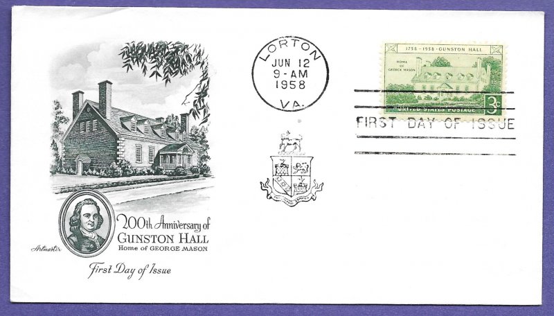 1108 GUNSTON HALL 3c, 1958 U/A ARTMASTER FIRST DAY COVER.