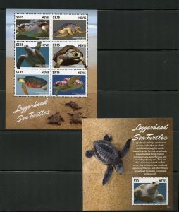 CLOSE OUT NEVIS LOGGERHEAD SEA TURTLES SHEET & SOUVENIR SHEET MINT NH