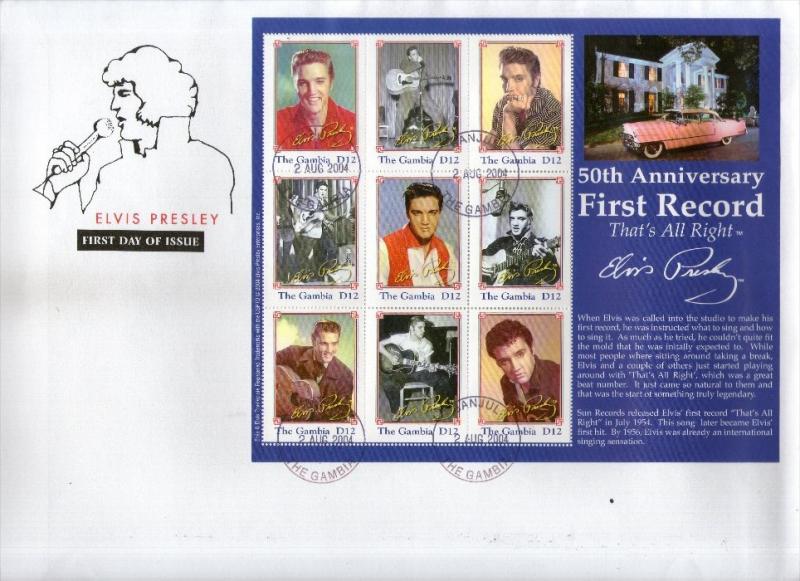 Gambia 2004 Elvis Presley First Music Record Sc 2886 Sheetlet on FDC # 10858