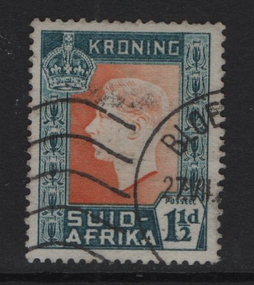 South Africa #76b  used 1937  coronation  . 1 1/2d .  single .  Afrikaans