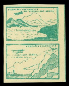COLOMBIA 1920 AIRMAIL Plane over Mountains 10c green Scott C11A+B setenant PAIR