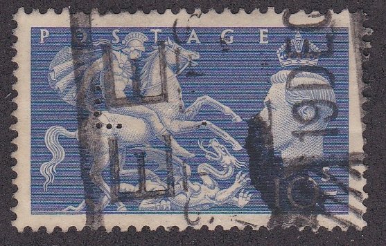 Great Britain # 288, St. George Slaying the Dragon, Perfin, Used, 1/3 Cat