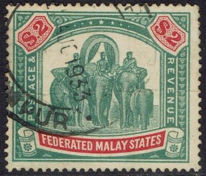 FEDERATED MALAY STATES 1922 ELEPHANTS $2 WMK MULTI SCRIPT CA USED